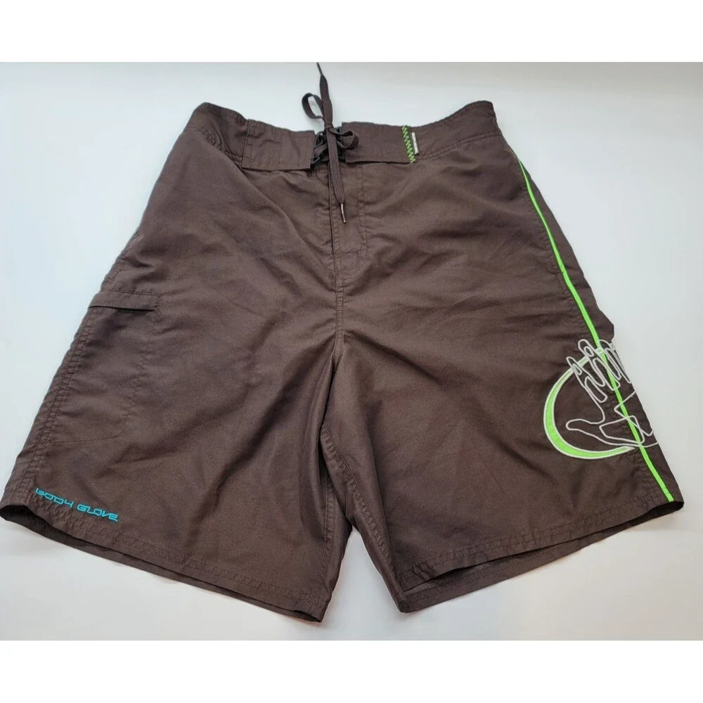 Body Glove Men's Brown Board Shorts Swim Trunks Neon Green Surf Cargo Pocket Lg
